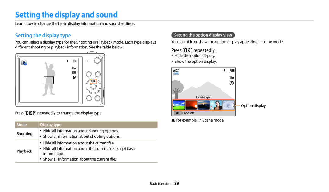 Samsung EC-DV180FBDPSA, EC-DV180FBPWFR manual Setting the display and sound, Setting the display type, Press o repeatedly 