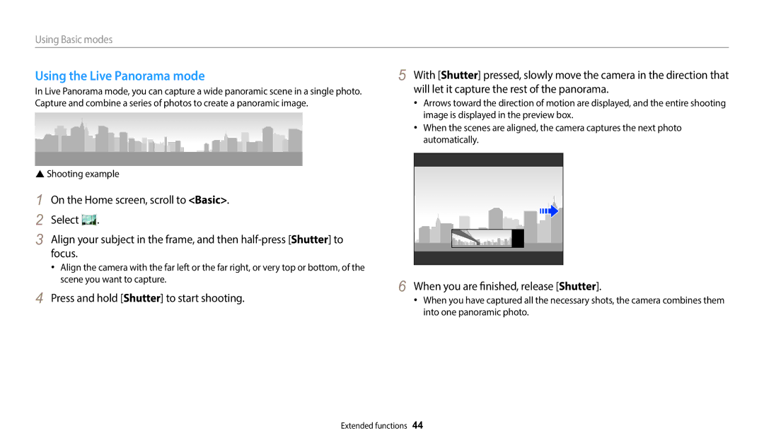 Samsung EC-DV180FBPWFR manual Using the Live Panorama mode, When you are finished, release Shutter, Shooting example 