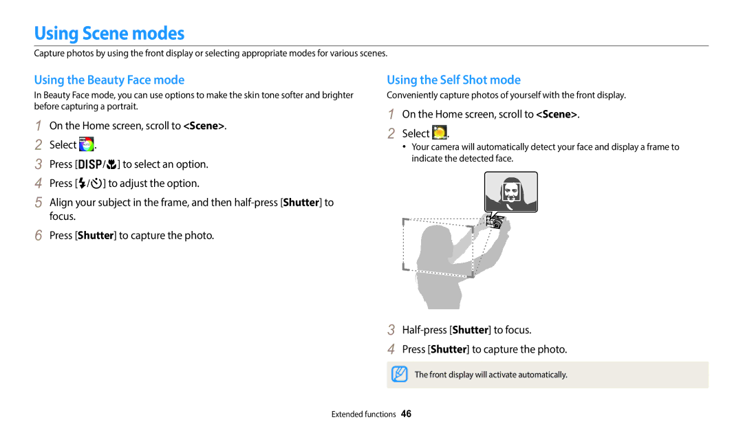 Samsung EC-DV180FBPWE1, EC-DV180FBPWFR manual Using Scene modes, Using the Beauty Face mode, Using the Self Shot mode 