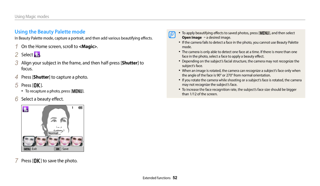 Samsung EC-DV180FBPWRU Using the Beauty Palette mode, Select a beauty effect, Press o to save the photo, Using Magic modes 