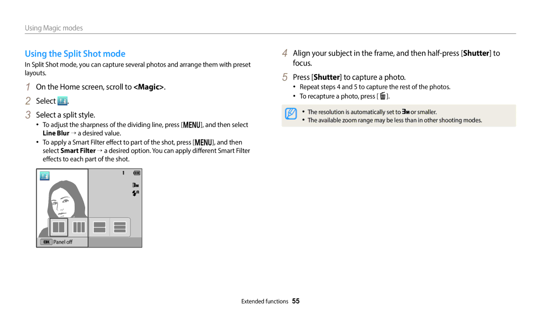 Samsung EC-DV180FBPWE1, EC-DV180FBPWFR, EC-DV180FBPBFR, EC-DV180FBDPSA, EC-DV180FBDBSA manual Using the Split Shot mode 