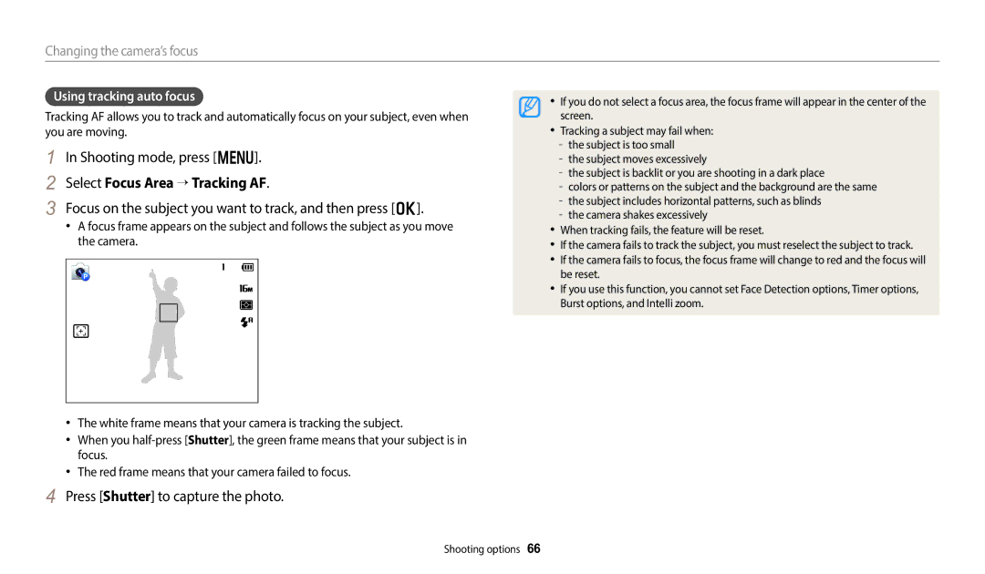 Samsung EC-DV180FBDBSA manual Select Focus Area → Tracking AF, Focus on the subject you want to track, and then press o 