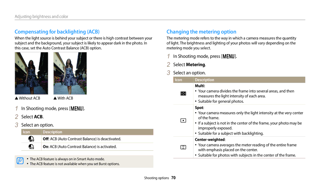 Samsung EC-DV180FBPWRU Compensating for backlighting ACB, Changing the metering option, Adjusting brightness and color 