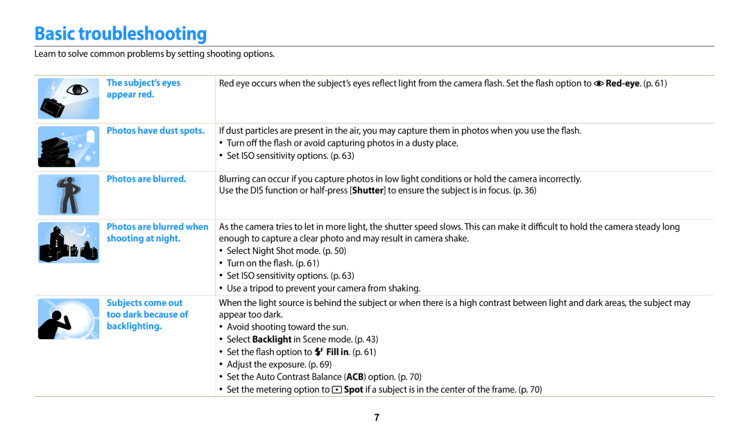 Samsung EC-DV180FBPWRU Basic troubleshooting, Learn to solve common problems by setting shooting options, Appear too dark 