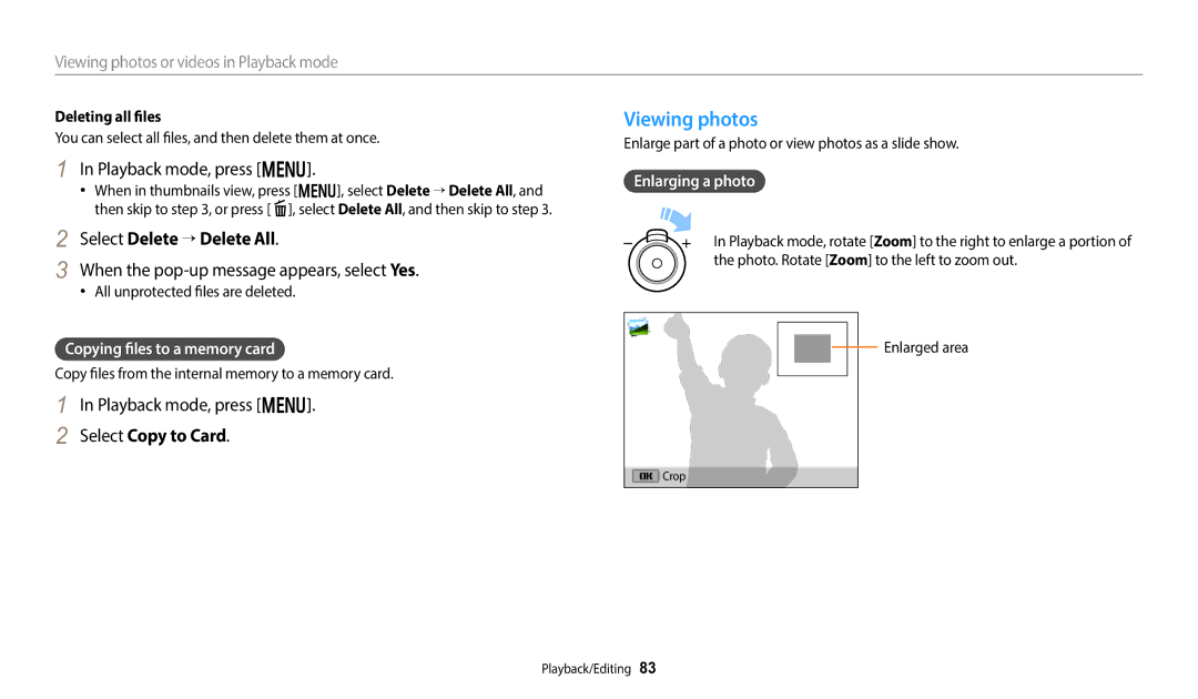 Samsung EC-DV180FBDPSA manual Viewing photos, Playback mode, press m, Select Delete → Delete All, Select Copy to Card 