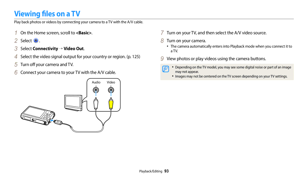 Samsung EC-DV180FBDBSA, EC-DV180FBPWFR, EC-DV180FBPBFR manual Viewing files on a TV, Select Connectivity → Video Out 