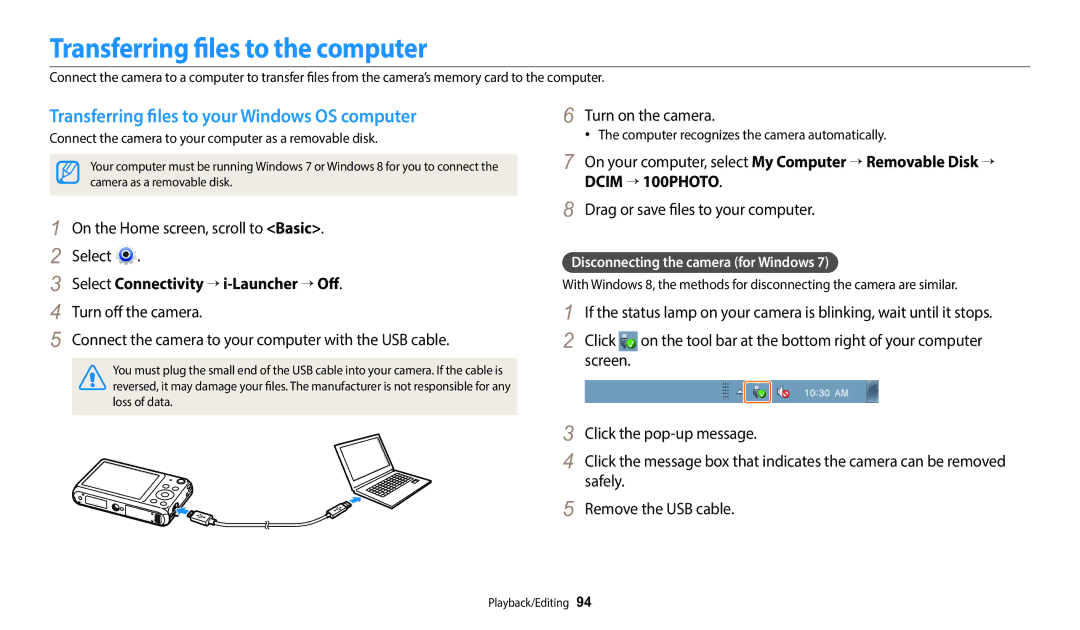 Samsung EC-DV180FBDWSA, EC-DV180FBPWFR Transferring files to the computer, Transferring files to your Windows OS computer 