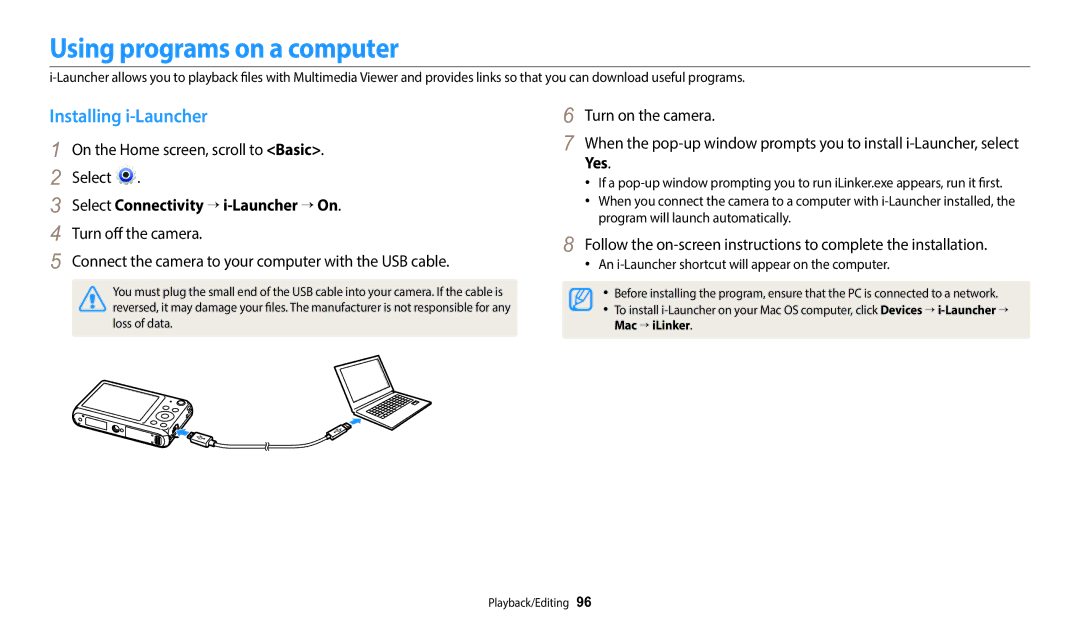 Samsung EC-DV180FBPBRU manual Using programs on a computer, Installing i-Launcher, Select Connectivity → i-Launcher → On 