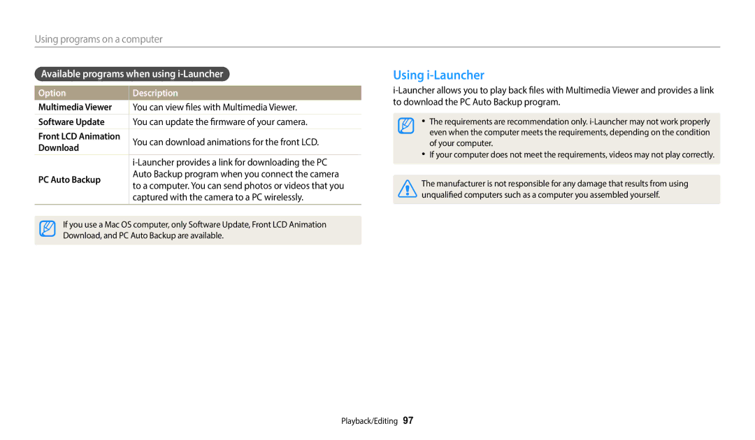 Samsung EC-DV180FBPWRU manual Using i-Launcher, Using programs on a computer, Available programs when using i-Launcher 