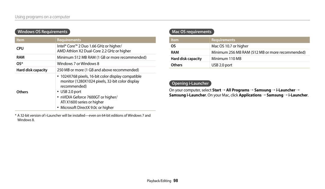 Samsung EC-DV180FBPWFR, EC-DV180FBPBFR, EC-DV180FBPWE1 Windows OS Requirements, Mac OS requirements, Opening i-Launcher 