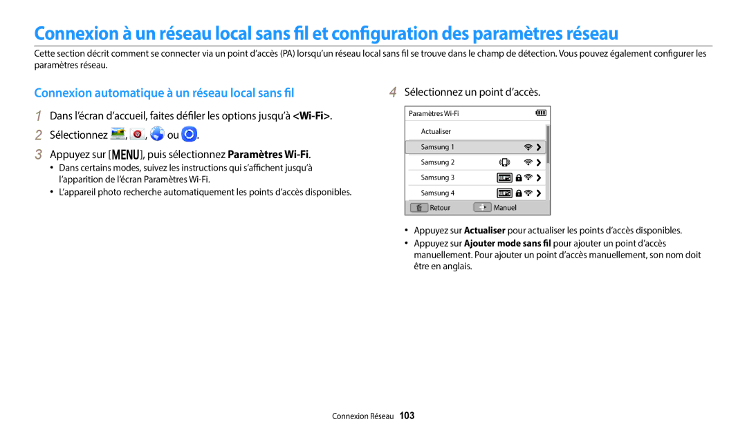 Samsung EC-DV180FBPWFR, EC-DV180FBPBFR Connexion automatique à un réseau local sans fil, Sélectionnez un point d’accès 