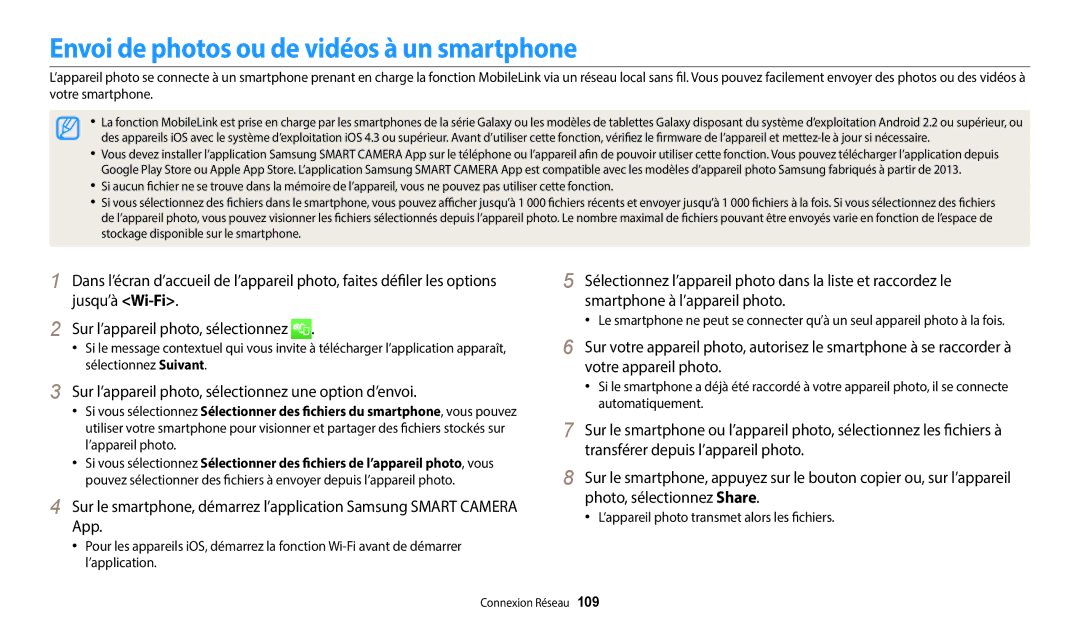 Samsung EC-DV180FBPWFR Envoi de photos ou de vidéos à un smartphone, Sur l’appareil photo, sélectionnez une option d’envoi 