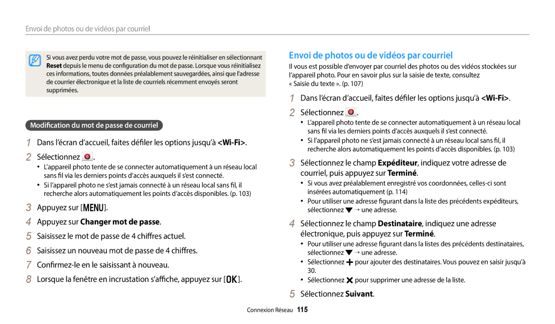 Samsung EC-DV180FBPWFR Envoi de photos ou de vidéos par courriel, Appuyez sur Changer mot de passe, Sélectionnez Suivant 