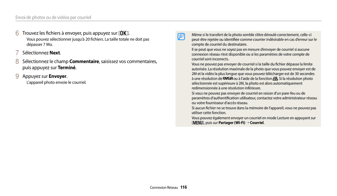 Samsung EC-DV180FBPBFR manual Trouvez les fichiers à envoyer, puis appuyez sur o, ’appareil photo envoie le courriel 