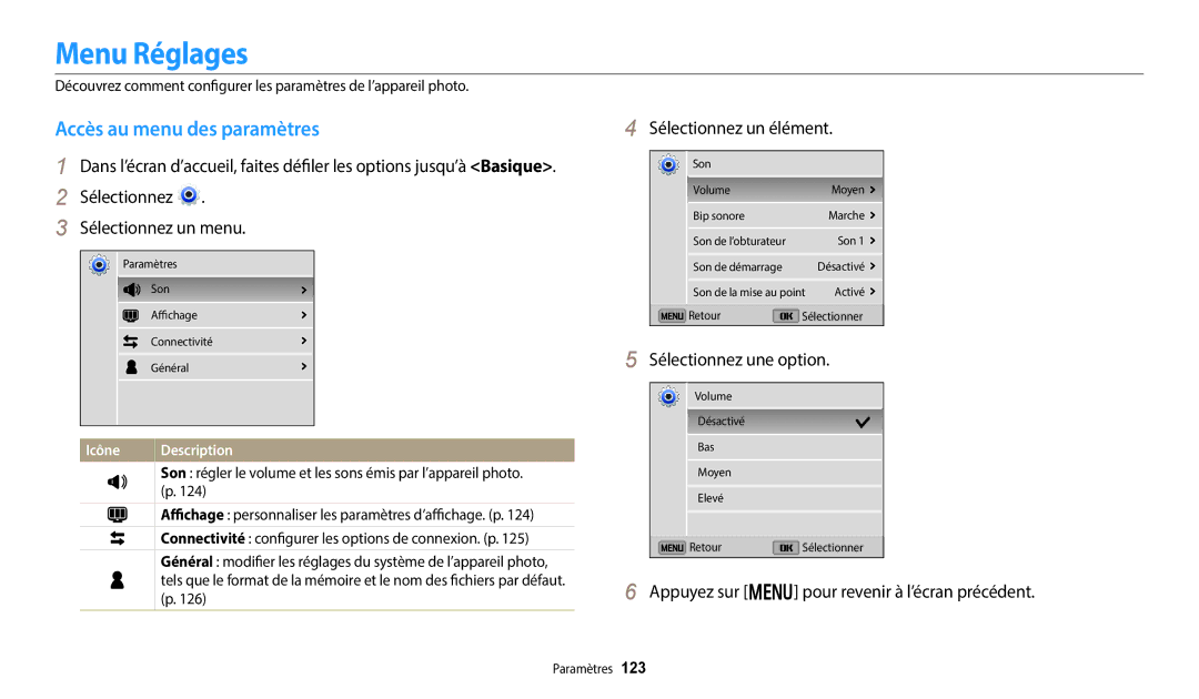 Samsung EC-DV180FBPWFR, EC-DV180FBPBFR manual Menu Réglages, Accès au menu des paramètres, Sélectionnez Sélectionnez un menu 