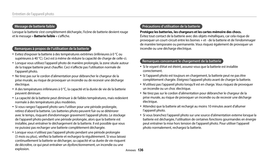 Samsung EC-DV180FBPBFR, EC-DV180FBPWFR manual Message de batterie faible, Remarques à propos de l’utilisation de la batterie 