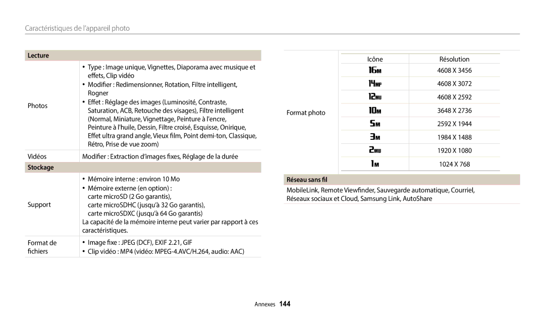 Samsung EC-DV180FBPBFR, EC-DV180FBPWFR manual Stockage, Réseau sans fil 