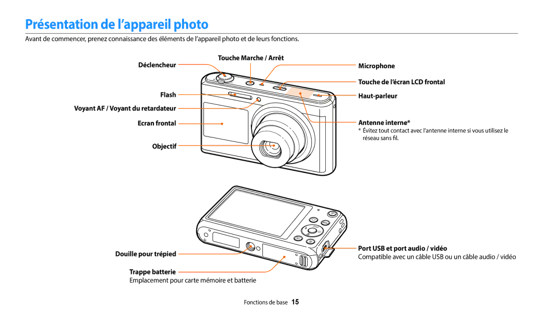 Samsung EC-DV180FBPWFR manual Présentation de l’appareil photo, Douille pour trépied Port USB et port audio / vidéo 