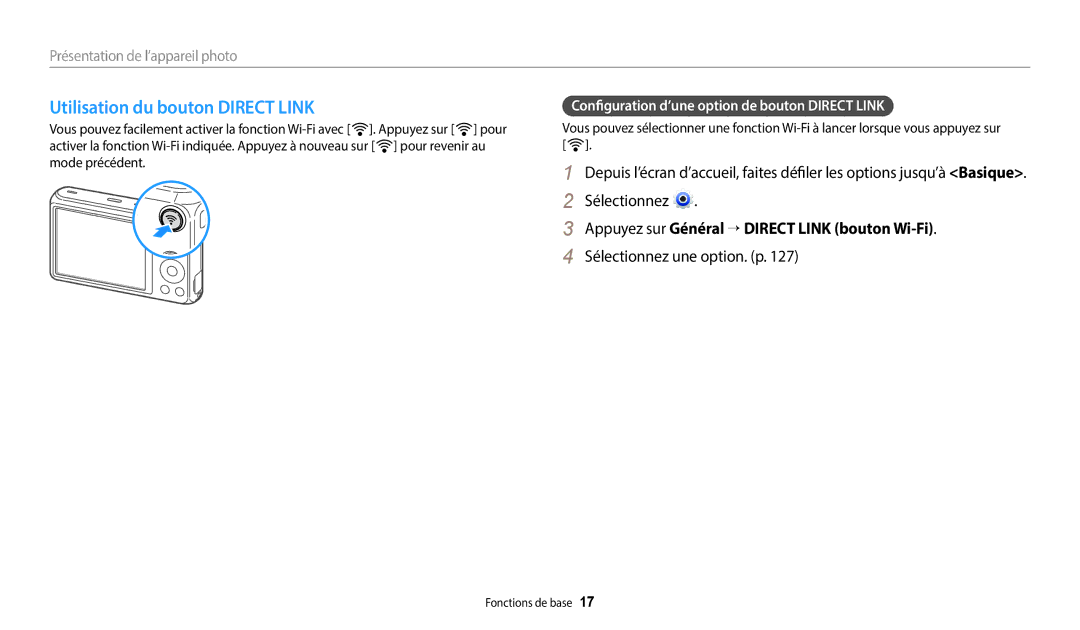 Samsung EC-DV180FBPWFR Utilisation du bouton Direct Link, Sélectionnez, Appuyez sur Général → Direct Link bouton Wi-Fi 