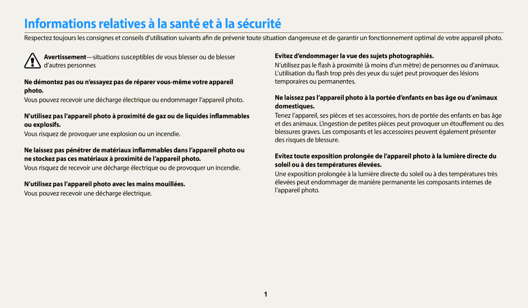 Samsung EC-DV180FBPWFR Informations relatives à la santé et à la sécurité, Vous pouvez recevoir une décharge électrique 