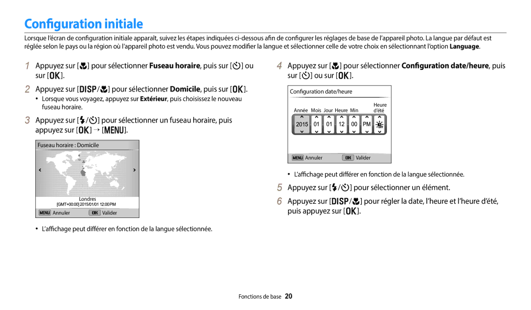 Samsung EC-DV180FBPBFR, EC-DV180FBPWFR manual Configuration initiale 