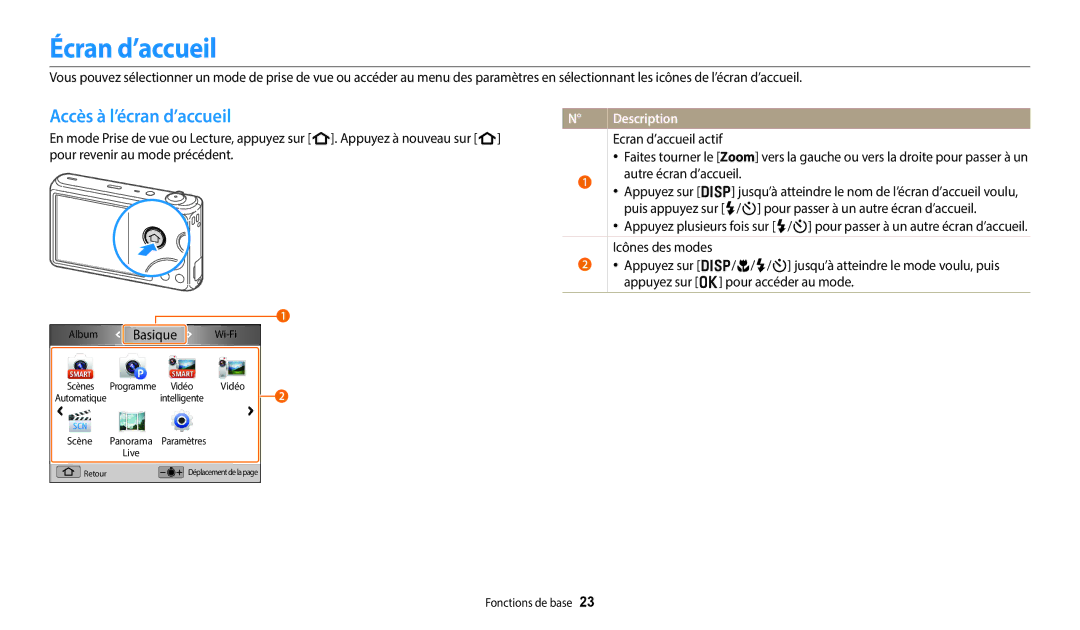 Samsung EC-DV180FBPWFR manual Écran d’accueil, Accès à l’écran d’accueil, Ecran d’accueil actif, Autre écran d’accueil 