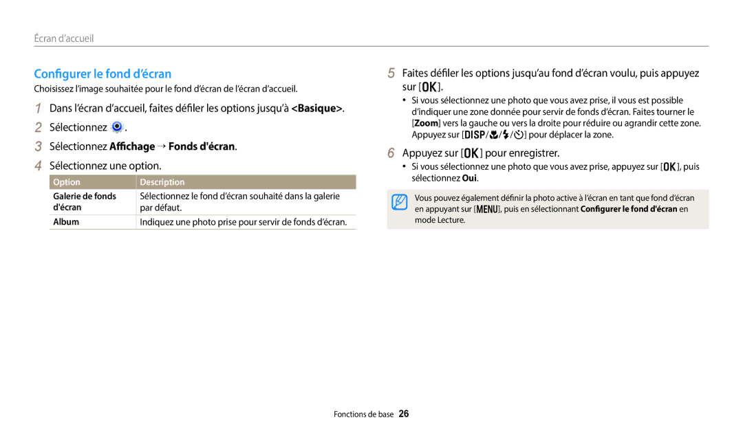 Samsung EC-DV180FBPBFR manual Configurer le fond d’écran, Sélectionnez Affichage → Fonds décran, Sélectionnez une option 