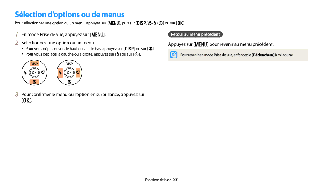 Samsung EC-DV180FBPWFR, EC-DV180FBPBFR manual Sélection d’options ou de menus, Appuyez sur m pour revenir au menu précédent 