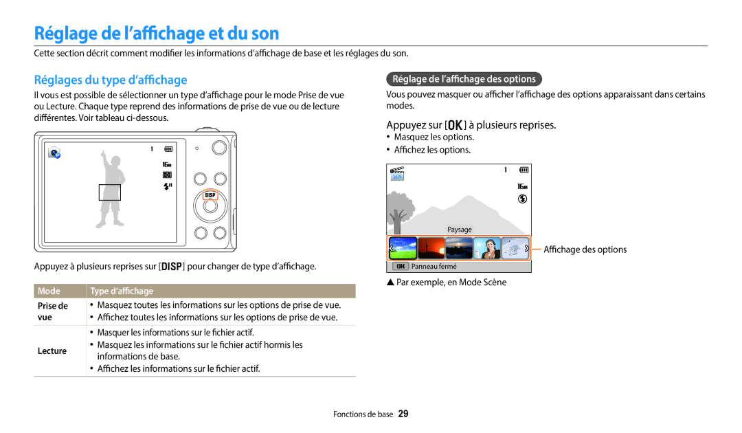 Samsung EC-DV180FBPWFR Réglage de l’affichage et du son, Réglages du type d’affichage, Appuyez sur o à plusieurs reprises 