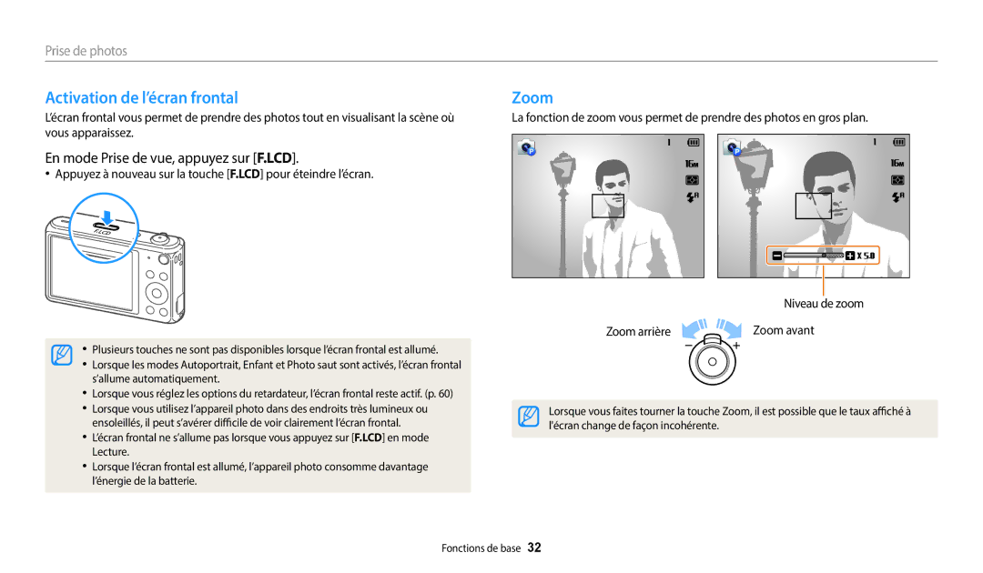 Samsung EC-DV180FBPBFR, EC-DV180FBPWFR manual Activation de l’écran frontal, Zoom, En mode Prise de vue, appuyez sur F.LCD 