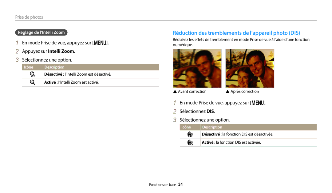Samsung EC-DV180FBPBFR, EC-DV180FBPWFR manual Réduction des tremblements de l’appareil photo DIS, Réglage de l’Intelli Zoom 