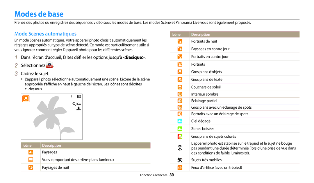 Samsung EC-DV180FBPWFR manual Modes de base, Mode Scènes automatiques, Paysages, Vues comportant des arrière-plans lumineux 