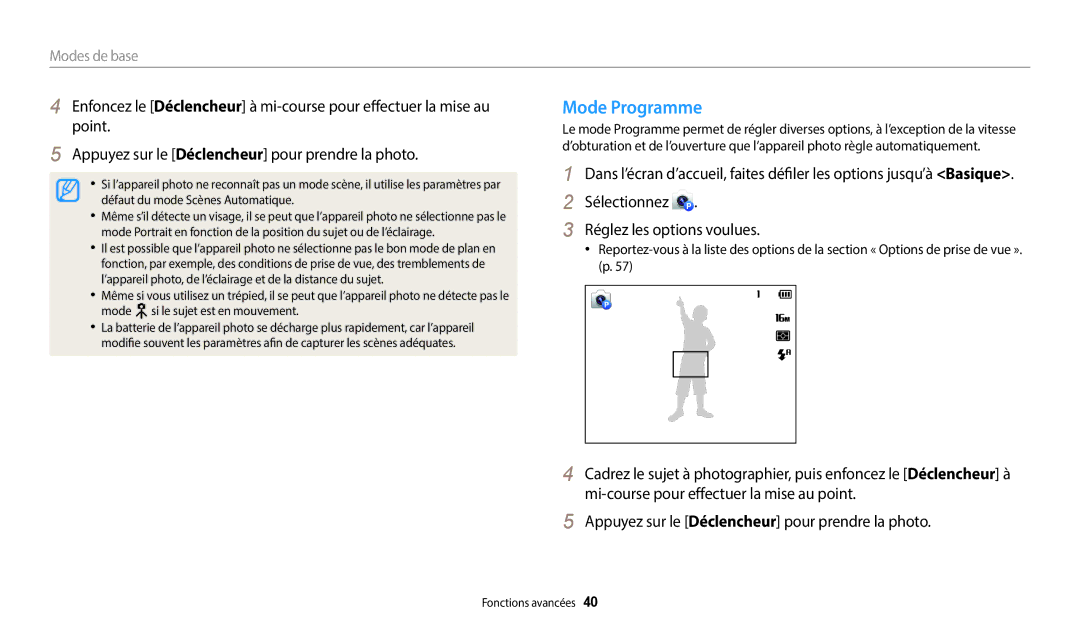 Samsung EC-DV180FBPBFR, EC-DV180FBPWFR manual Mode Programme, Sélectionnez Réglez les options voulues 