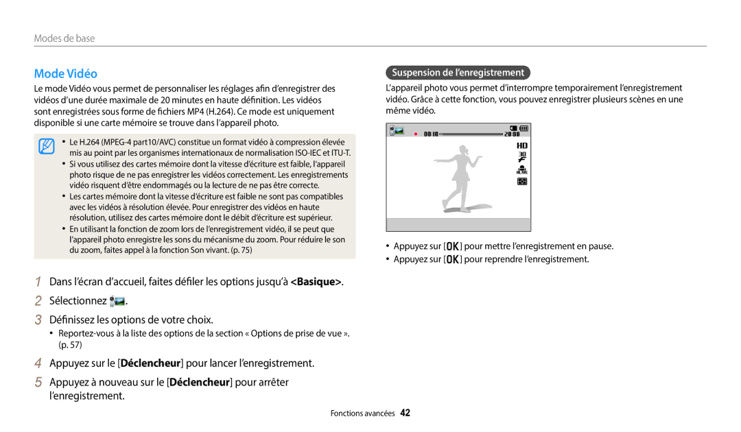 Samsung EC-DV180FBPBFR Mode Vidéo, Sélectionnez Définissez les options de votre choix, Suspension de l’enregistrement 