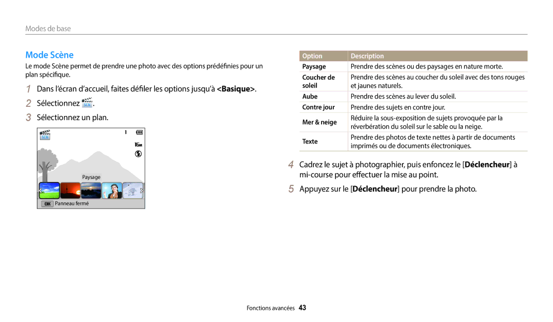 Samsung EC-DV180FBPWFR, EC-DV180FBPBFR manual Paysage, Coucher de, Réverbération du soleil sur le sable ou la neige, Texte 