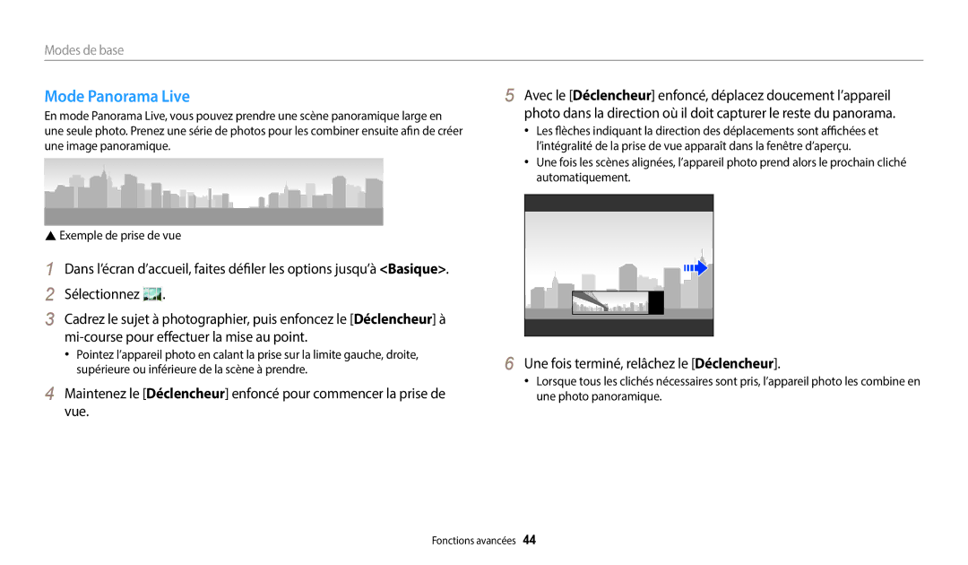 Samsung EC-DV180FBPBFR, EC-DV180FBPWFR manual Mode Panorama Live, Une fois terminé, relâchez le Déclencheur 