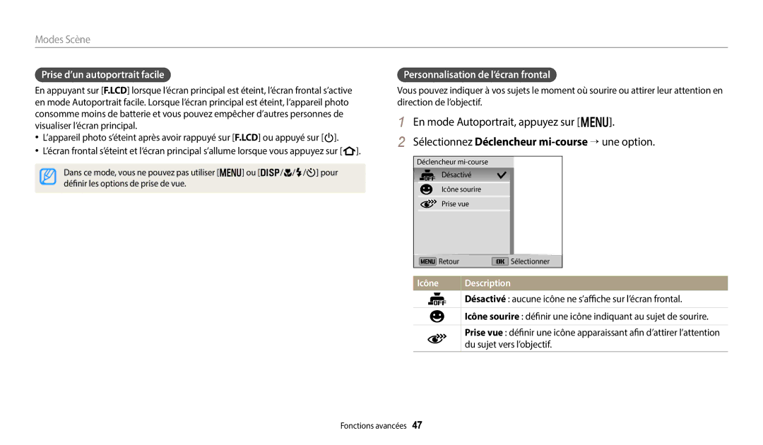 Samsung EC-DV180FBPWFR manual Prise d’un autoportrait facile, Personnalisation de l’écran frontal, Du sujet vers l’objectif 