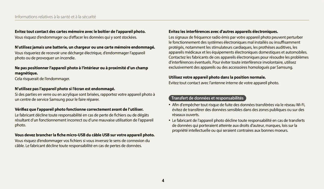 Samsung EC-DV180FBPBFR, EC-DV180FBPWFR manual Transfert de données et responsabilités, Cela risquerait de l’endommager 