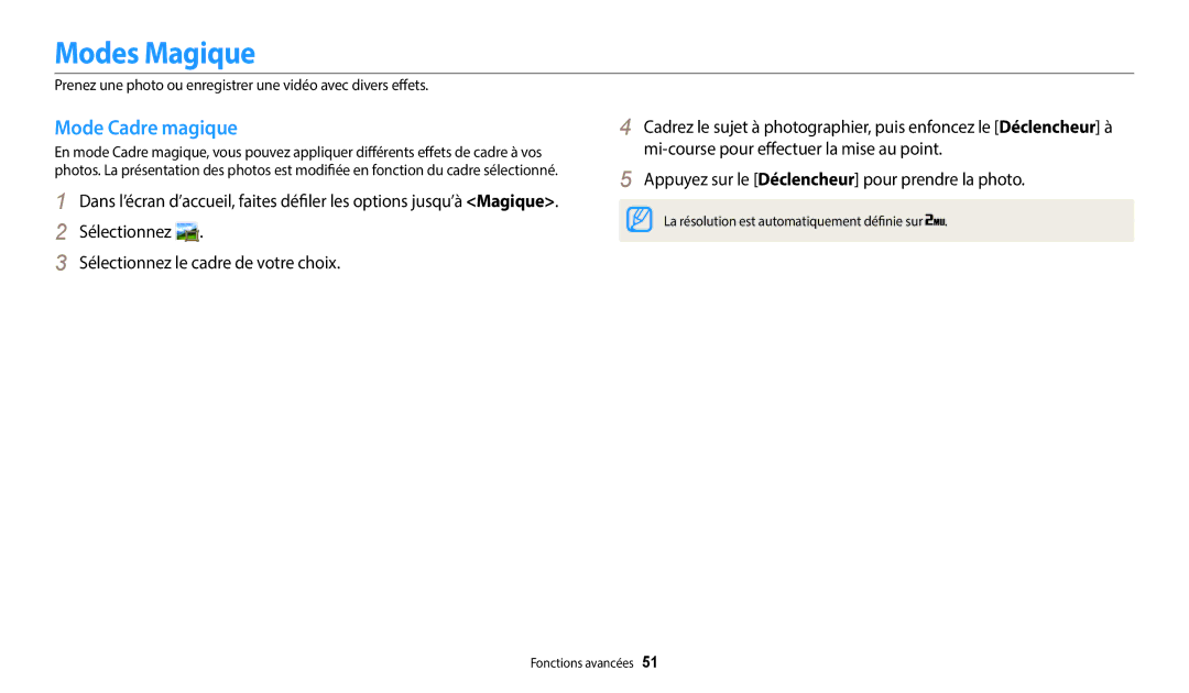 Samsung EC-DV180FBPWFR manual Modes Magique, Mode Cadre magique, Sélectionnez Sélectionnez le cadre de votre choix 