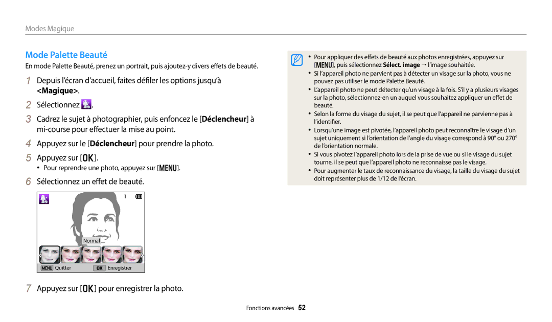 Samsung EC-DV180FBPBFR manual Mode Palette Beauté, Sélectionnez un effet de beauté, Appuyez sur o pour enregistrer la photo 