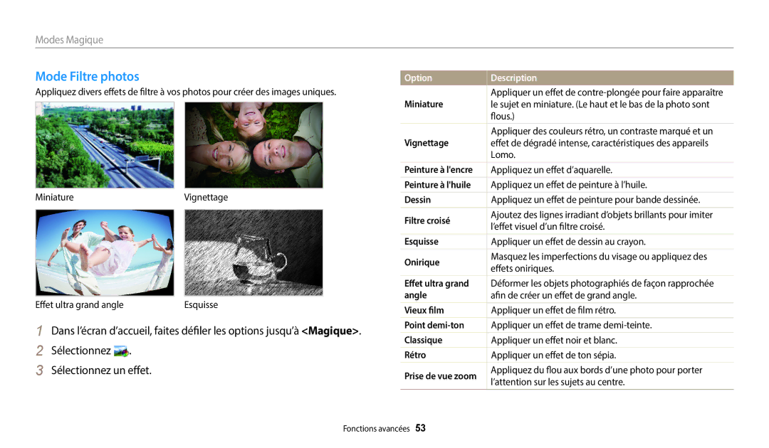 Samsung EC-DV180FBPWFR, EC-DV180FBPBFR manual Mode Filtre photos, Sélectionnez Sélectionnez un effet 