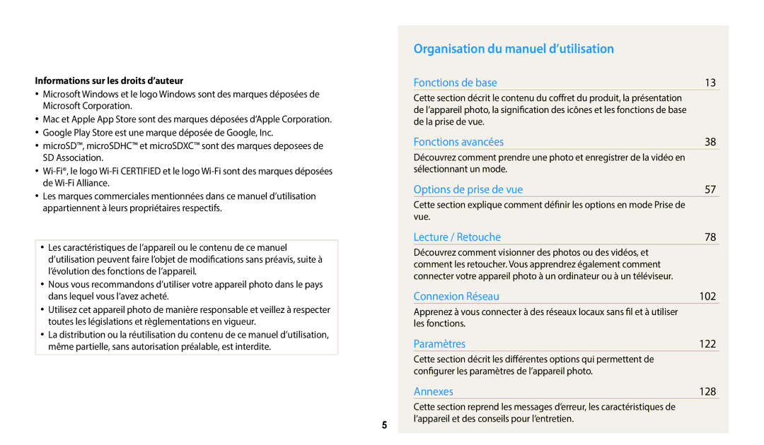 Samsung EC-DV180FBPWFR, EC-DV180FBPBFR manual Organisation du manuel d’utilisation, Informations sur les droits d’auteur 