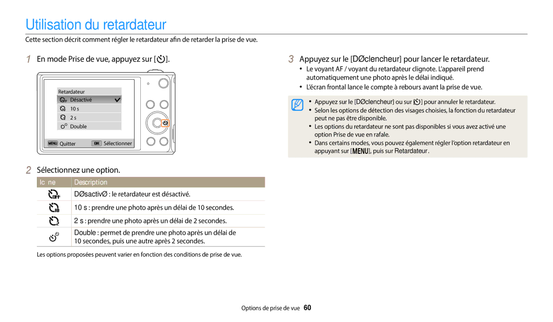 Samsung EC-DV180FBPBFR, EC-DV180FBPWFR manual Utilisation du retardateur, En mode Prise de vue, appuyez sur t 