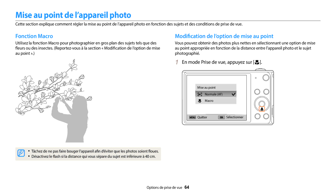 Samsung EC-DV180FBPBFR manual Mise au point de l’appareil photo, Fonction Macro, Modification de l’option de mise au point 