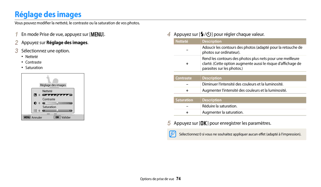 Samsung EC-DV180FBPBFR, EC-DV180FBPWFR manual Appuyez sur Réglage des images, Appuyez sur F/t pour régler chaque valeur 