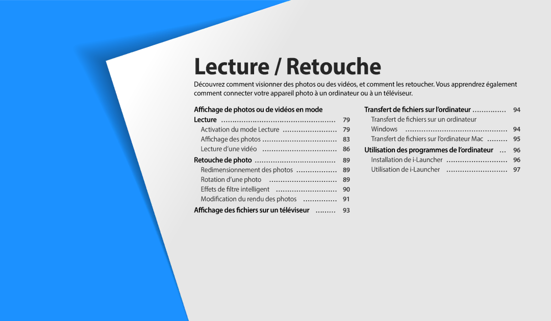 Samsung EC-DV180FBPBFR, EC-DV180FBPWFR manual Lecture / Retouche, Affichage des fichiers sur un téléviseur ……… 