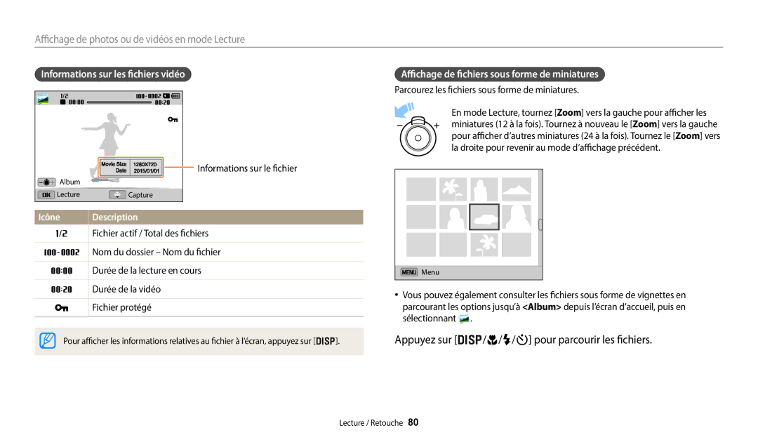 Samsung EC-DV180FBPBFR manual Appuyez sur D/c/F/t pour parcourir les fichiers, Informations sur les fichiers vidéo 