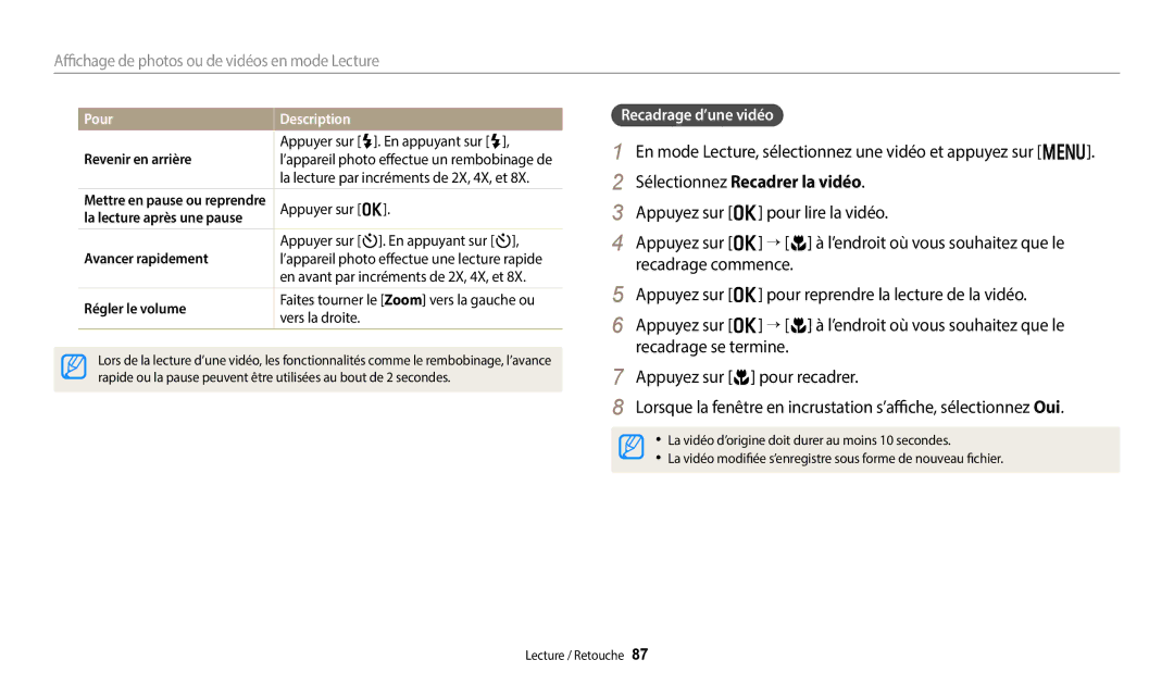 Samsung EC-DV180FBPWFR manual En mode Lecture, sélectionnez une vidéo et appuyez sur m, Sélectionnez Recadrer la vidéo 