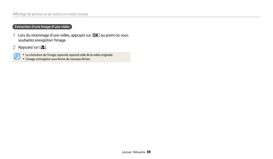 Samsung EC-DV180FBPBFR, EC-DV180FBPWFR manual Extraction d’une image d’une vidéo 