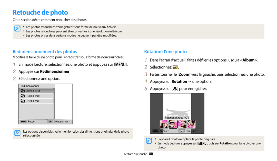 Samsung EC-DV180FBPWFR Retouche de photo, Redimensionnement des photos, Rotation d’une photo, Appuyez sur Redimensionner 